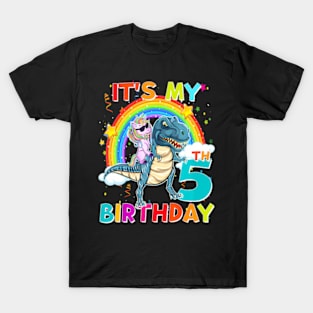 Its My 5Th Birthday Unicorn Riding T Rex Dinosaur 5 Years T-Shirt